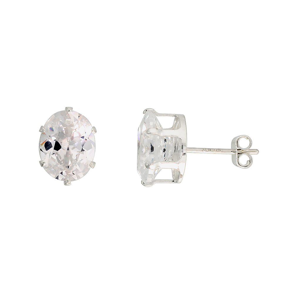 STERLING SILVER OVAL CZ STUD EARRINGS WHITE 7X5 MM 1.5 CARAT/PAIR