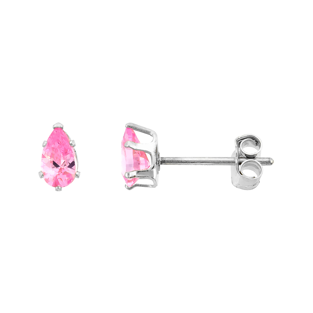 STERLING SILVER CUBIC ZIRCONIA TEARDROP PINK EARRINGS STUDS PINK ZIRCON 1.5 CARAT/PAIR