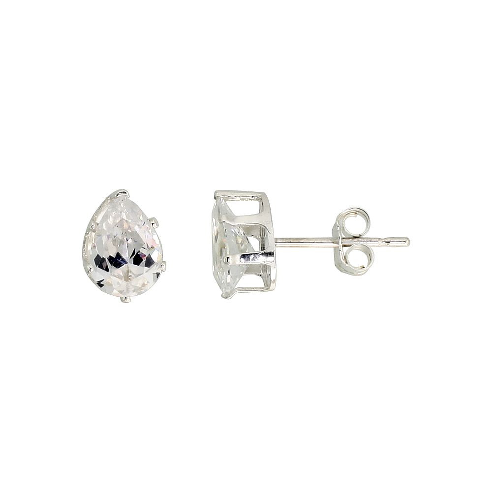 STERLING SILVER CUBIC ZIRCONIA TEARDROP EARRINGS STUDS 1 1/2 CARAT/PAIR