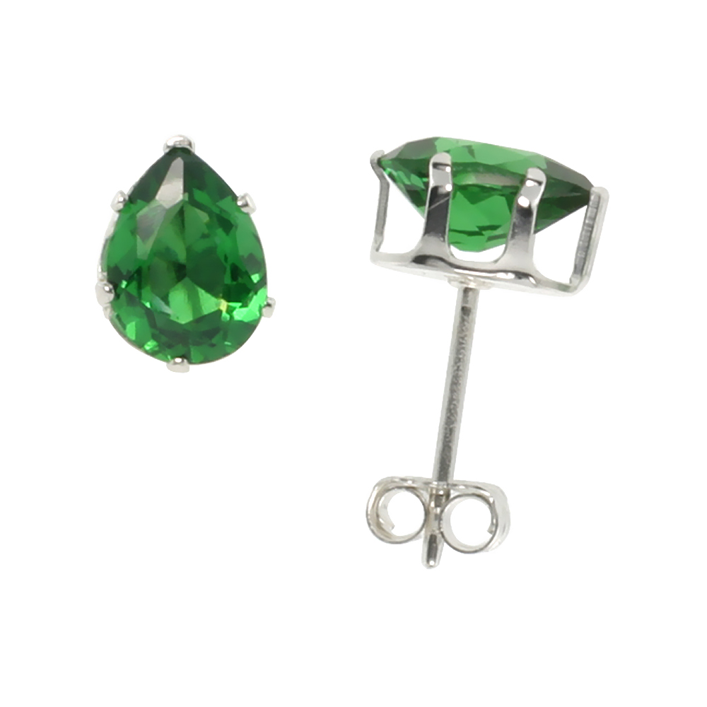 STERLING SILVER CUBIC ZIRCONIA TEARDROP EMERALD EARRINGS STUDS 3/4 CARAT/PAIR