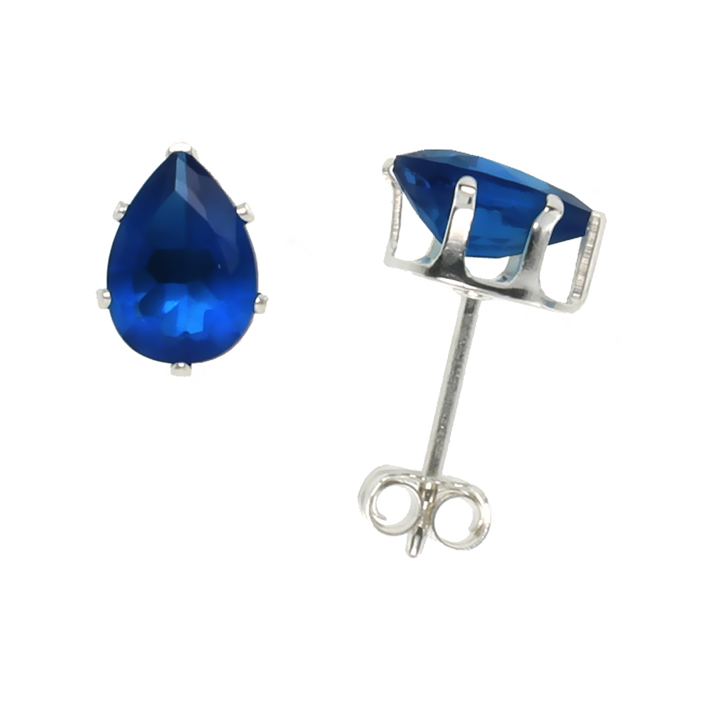 STERLING SILVER CUBIC ZIRCONIA TEARDROP SAPPHIRE EARRINGS STUDS BLUE 3/4 CARAT/PAIR