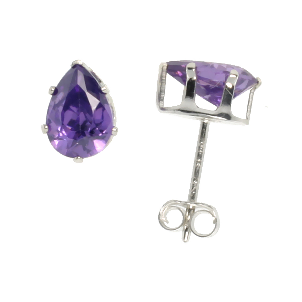 STERLING SILVER CUBIC ZIRCONIA TEARDROP AMETHYST EARRINGS STUDS PURPLE COLOR 1.5 CARAT/PAIR