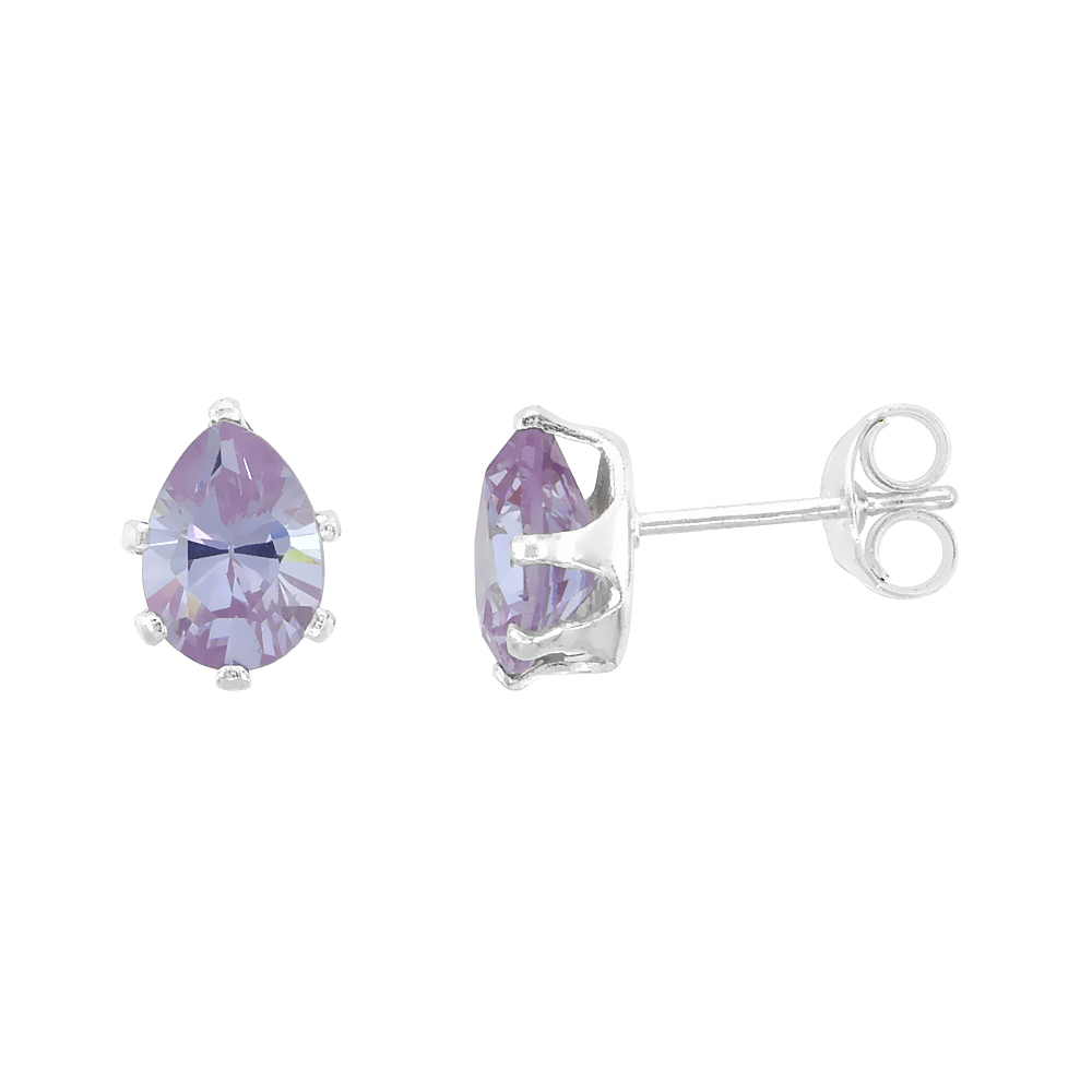 STERLING SILVER CUBIC ZIRCONIA TEARDROP LAVENDER COLOR EARRINGS STUDS 1.5 CARAT/PAIR