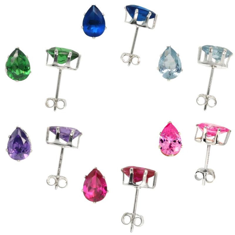 6-Pair Set Sterling Silver Cubic Zirconia Teardrop Earrings Studs 3/4 carat/pair Emerald, Blue Sapphire, Blue Topaz, Amethyst, R