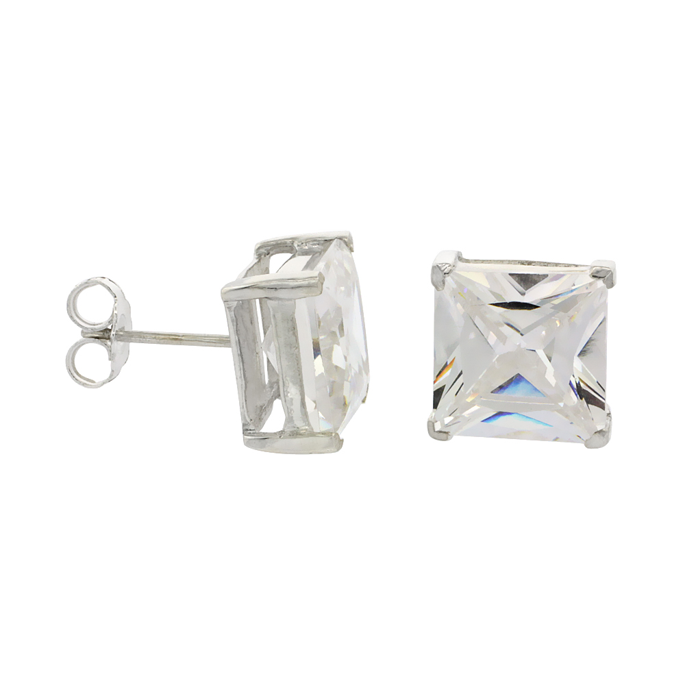 STERLING SILVER CUBIC ZIRCONIA SQUARE EARRINGS STUDS 10 MM PRINCESS CUT BASKET SETTING 11 CARAT/PAIR