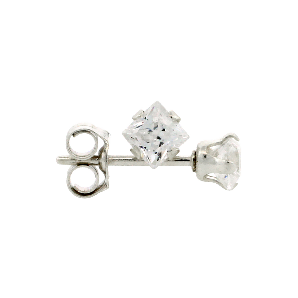STERLING SILVER CUBIC ZIRCONIA SQUARE EARRINGS STUDS 4 PRONG 3 MM PRINCESS CUT 1/5 CARATS/PAIR