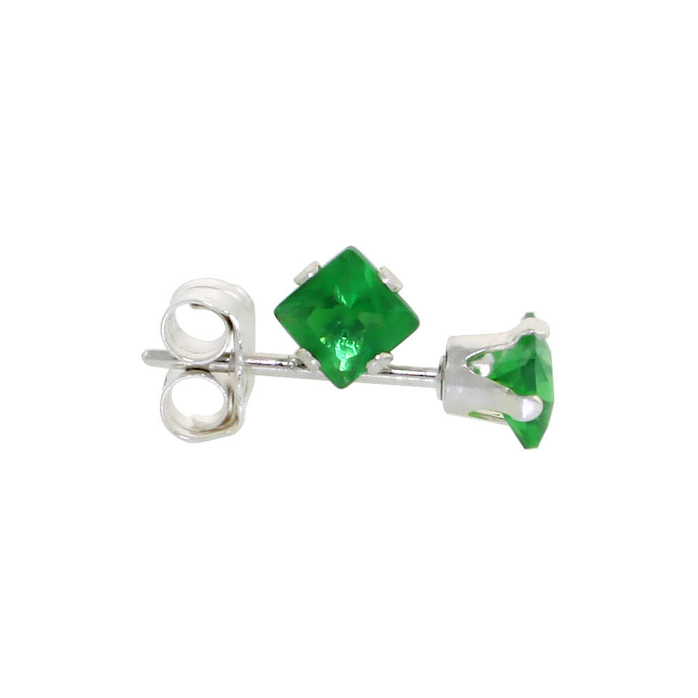 Sterling Silver Cubic Zirconia Square Emerald Earrings Studs 3 mm Princess cut Green Color 1/5 carats/pair