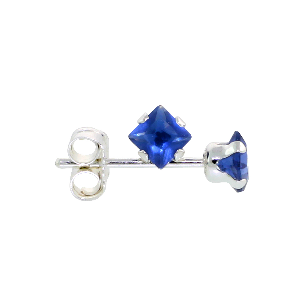 STERLING SILVER CUBIC ZIRCONIA SQUARE SAPPHIRE EARRINGS STUDS 3 MM PRINCESS CUT NAVY COLOR 1/5 CARATS/PAIR