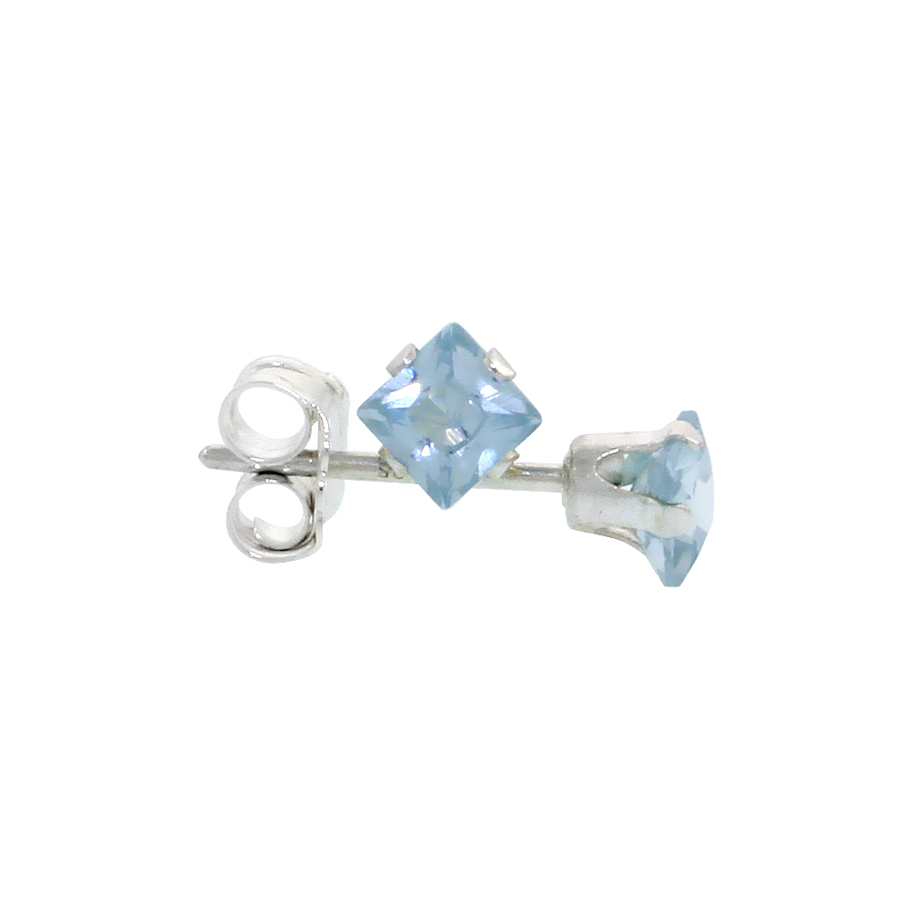 STERLING SILVER CUBIC ZIRCONIA SQUARE BLUE TOPAZ EARRINGS STUDS 3 MM PRINCESS CUT 1/5 CARATS/PAIR