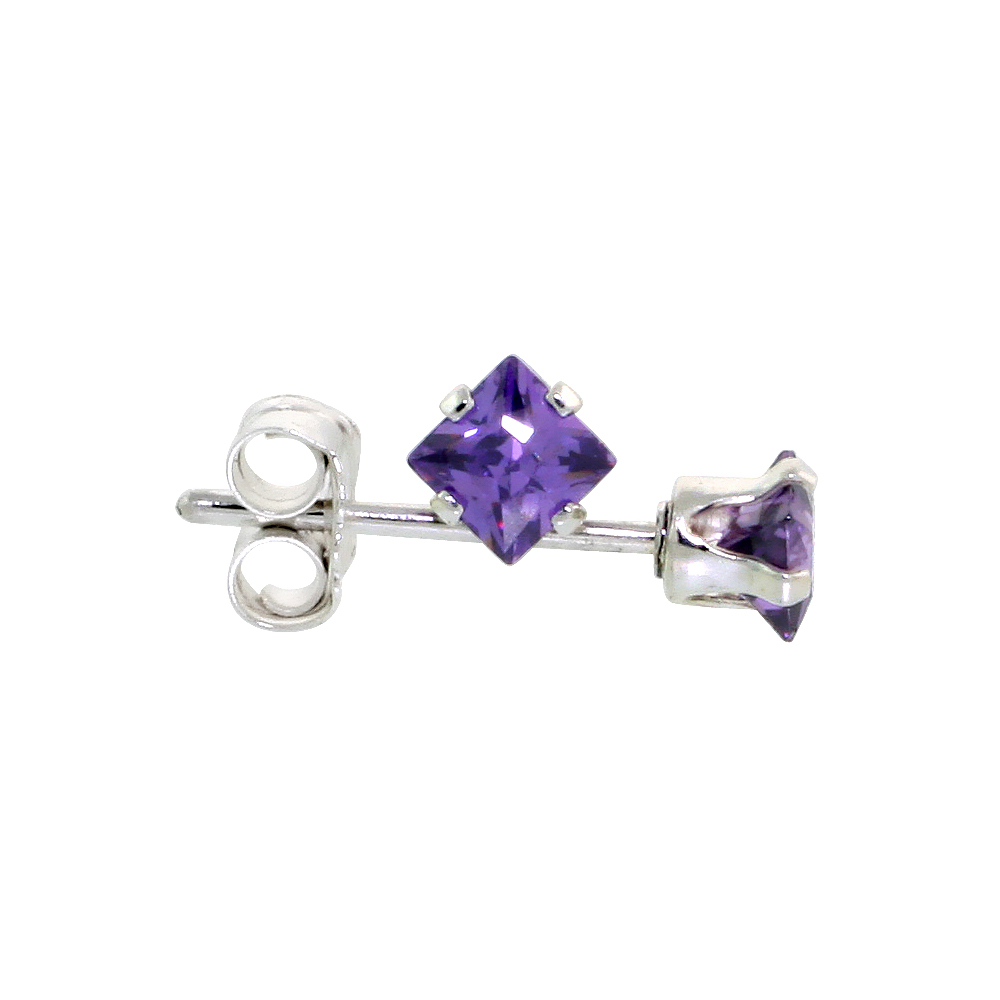 STERLING SILVER CUBIC ZIRCONIA SQUARE AMETHYST EARRINGS STUDS 3 MM PRINCESS CUT PURPLE COLOR 1/5 CARATS/PAIR