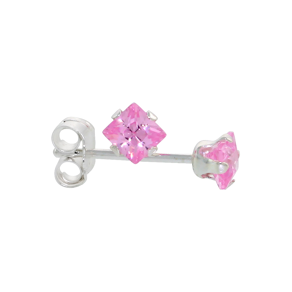 STERLING SILVER CUBIC ZIRCONIA SQUARE PINK EARRINGS STUDS 3 MM PRINCESS CUT 1/5 CARATS/PAIR