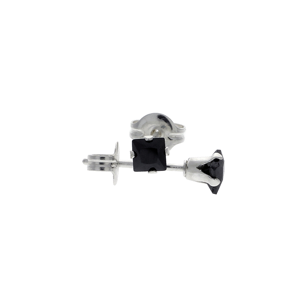Sterling Silver Cubic Zirconia Square Black Earrings Studs 3 mm Princess cut 1/5 carats/pair