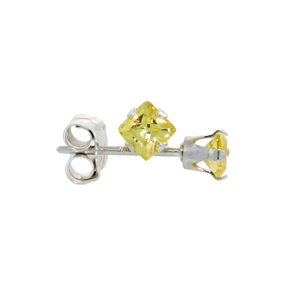 STERLING SILVER CUBIC ZIRCONIA SQUARE CITRINE EARRINGS STUDS 3 MM PRINCESS CUT YELLOW 1/5 CARATS/PAIR