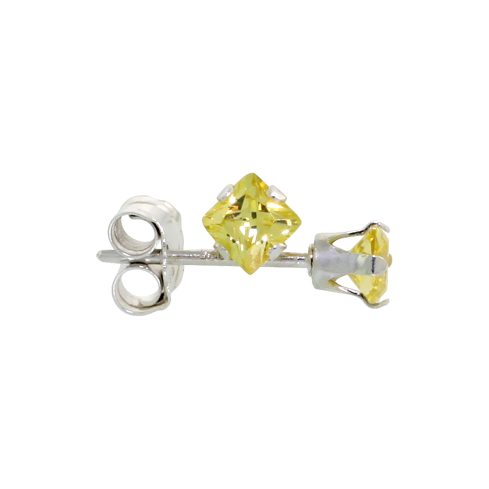 Sterling Silver Cubic Zirconia Square Citrine Earrings Studs 3 mm Princess cut Yellow 1/5 carats/pair