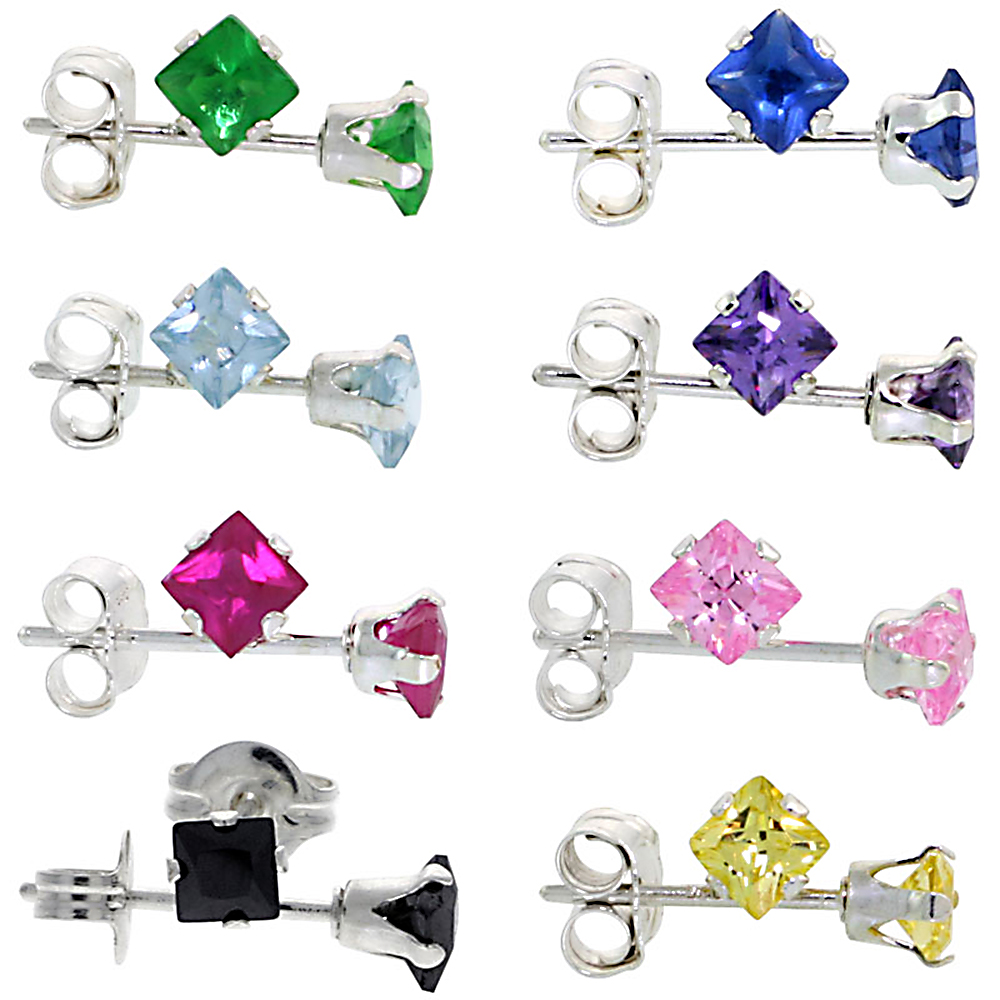 8 COLOR SET STERLING SILVER 3MM SQUARE CZ STUD EARRINGS PRINCESS CUT ASSORTED COLORS