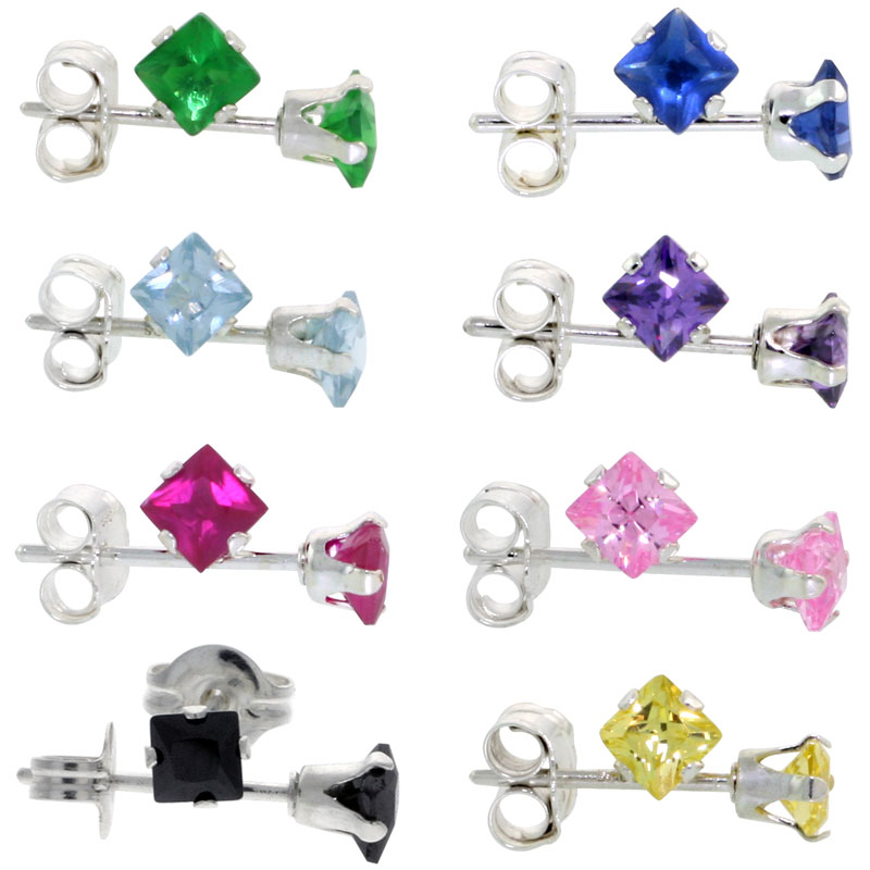 8 Color Set Sterling Silver 3mm Square CZ Stud Earrings Princess Cut Assorted Colors