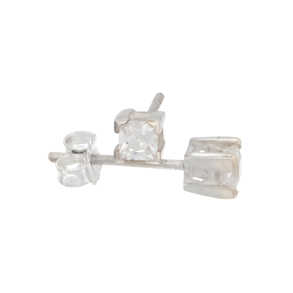 STERLING SILVER CUBIC ZIRCONIA SQUARE EARRINGS STUDS 3 MM PRINCESS CUT BASKET SETTING 1/3 CARAT/PAIR