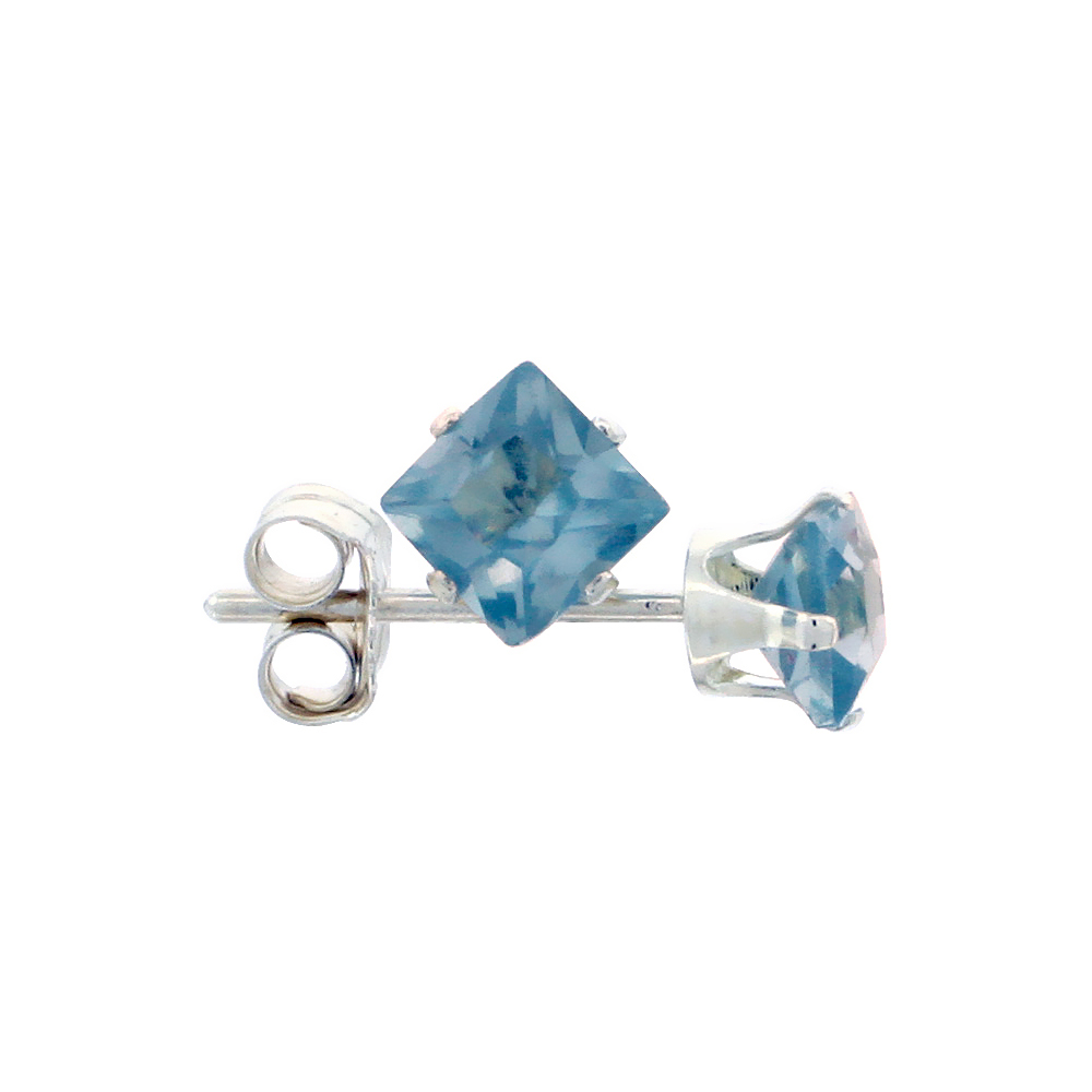 Sterling Silver Cubic Zirconia Square Blue Topaz Earrings Studs 4 mm Princess cut 3/4 carats/pair