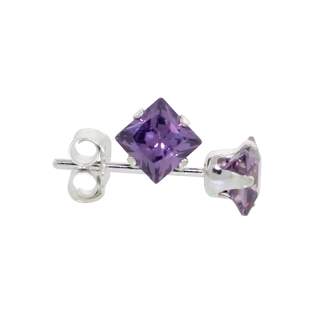 Sterling Silver Cubic Zirconia Square Amethyst Earrings Studs 4 mm Princess cut Purple Color 3/4 carats/pair