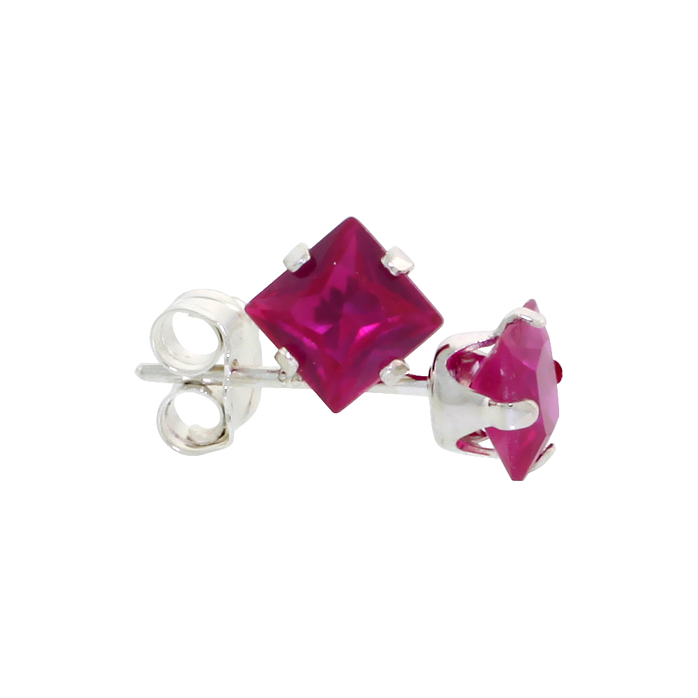 STERLING SILVER CUBIC ZIRCONIA SQUARE RUBY EARRINGS STUDS 4 MM PRINCESS CUT RED COLOR 3/4 CARATS/PAIR