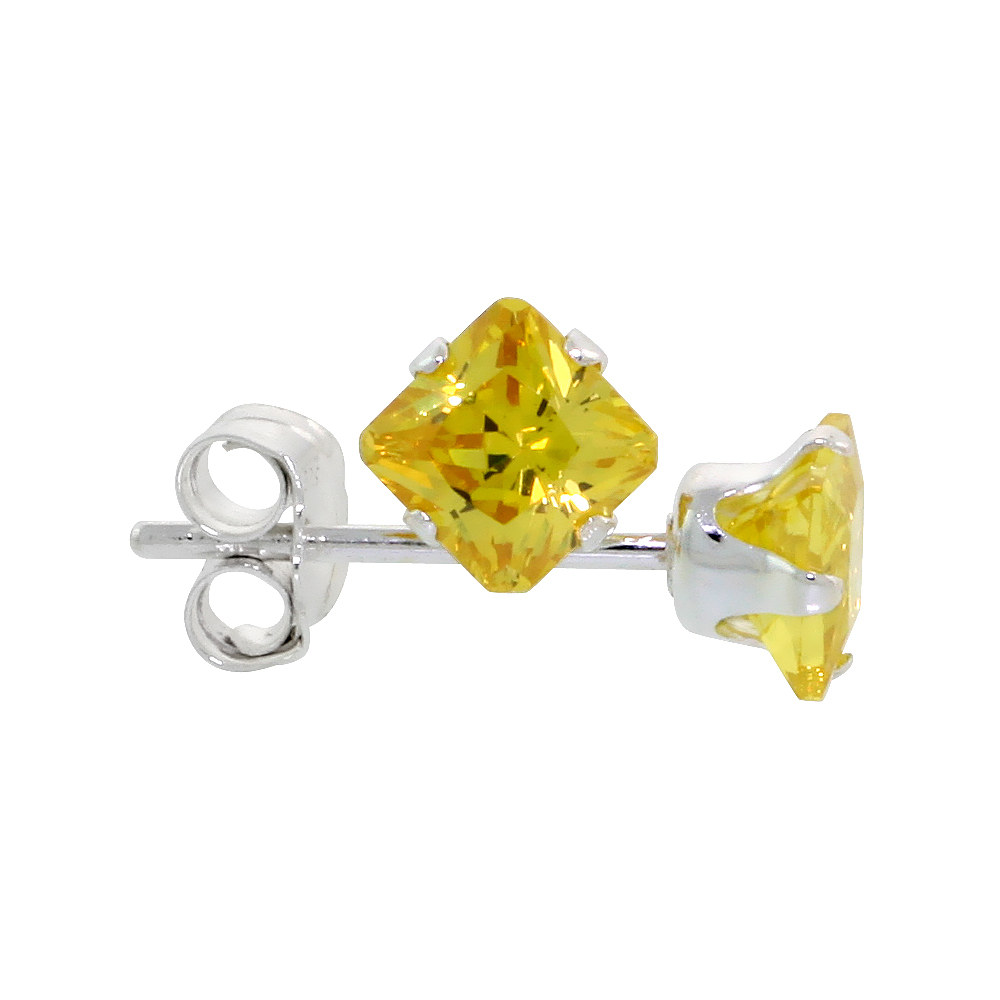 STERLING SILVER CUBIC ZIRCONIA SQUARE CITRINE EARRINGS STUDS 4 MM PRINCESS CUT YELLOW 3/4 CARATS/PAIR