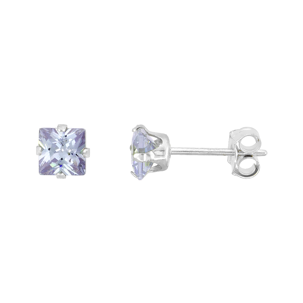 STERLING SILVER CUBIC ZIRCONIA SQUARE EARRINGS STUDS 4 MM PRINCESS CUT LAVENDER 3/4 CARAT/PAIR