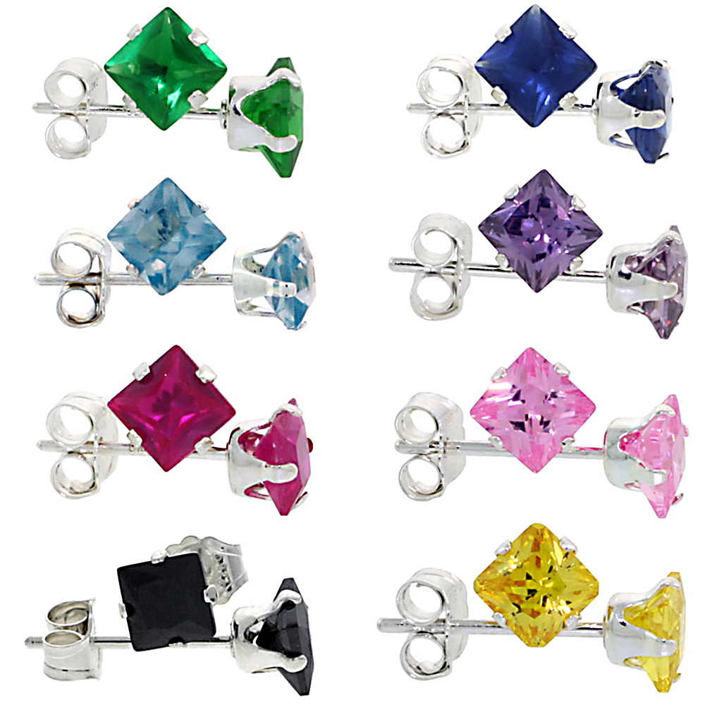 8 COLOR SET STERLING SILVER 4MM SQUARE CZ STUD EARRINGS PRINCESS CUT ASSORTED COLORS