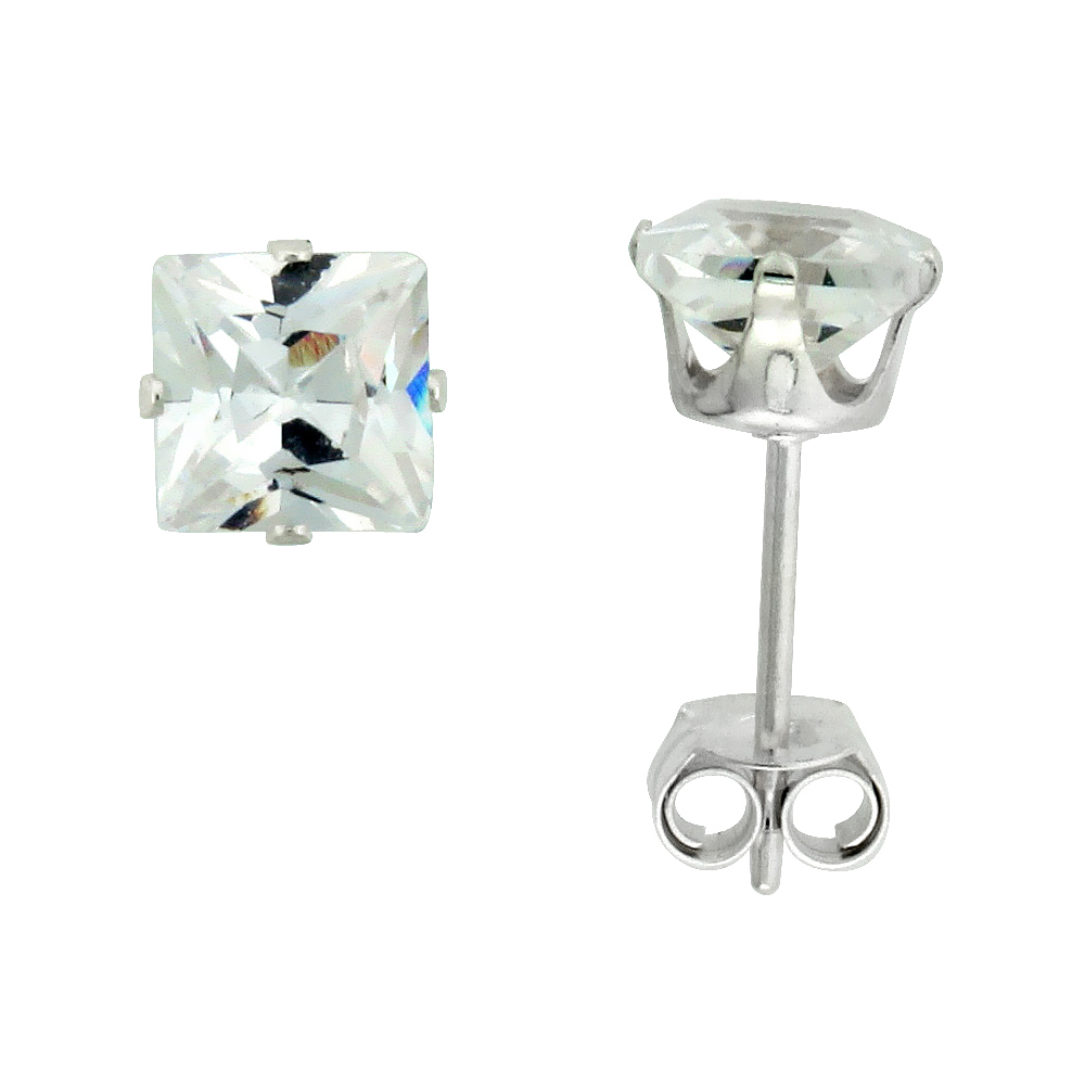 STERLING SILVER CUBIC ZIRCONIA SQUARE EARRINGS STUDS 4 PRONG 5 MM PRINCESS CUT 1.5 CARAT/PAIR