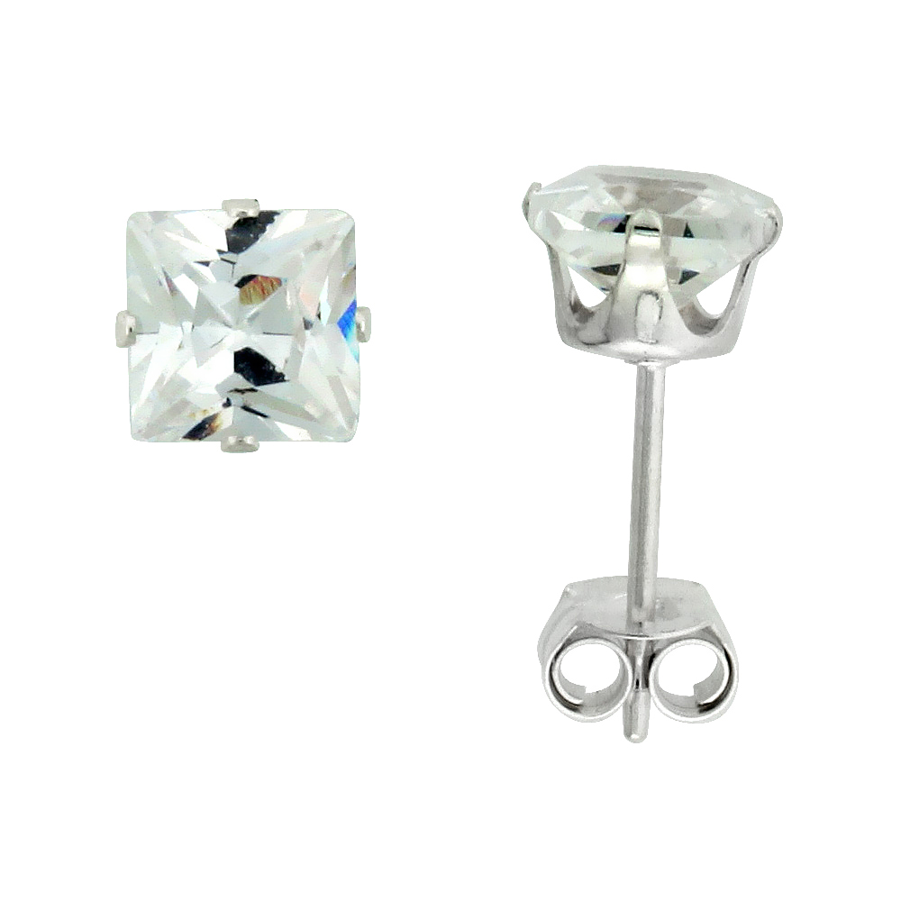 Sterling Silver Cubic Zirconia Square Earrings Studs 4 Prong 5 mm Princess cut 1.5 carats/pair