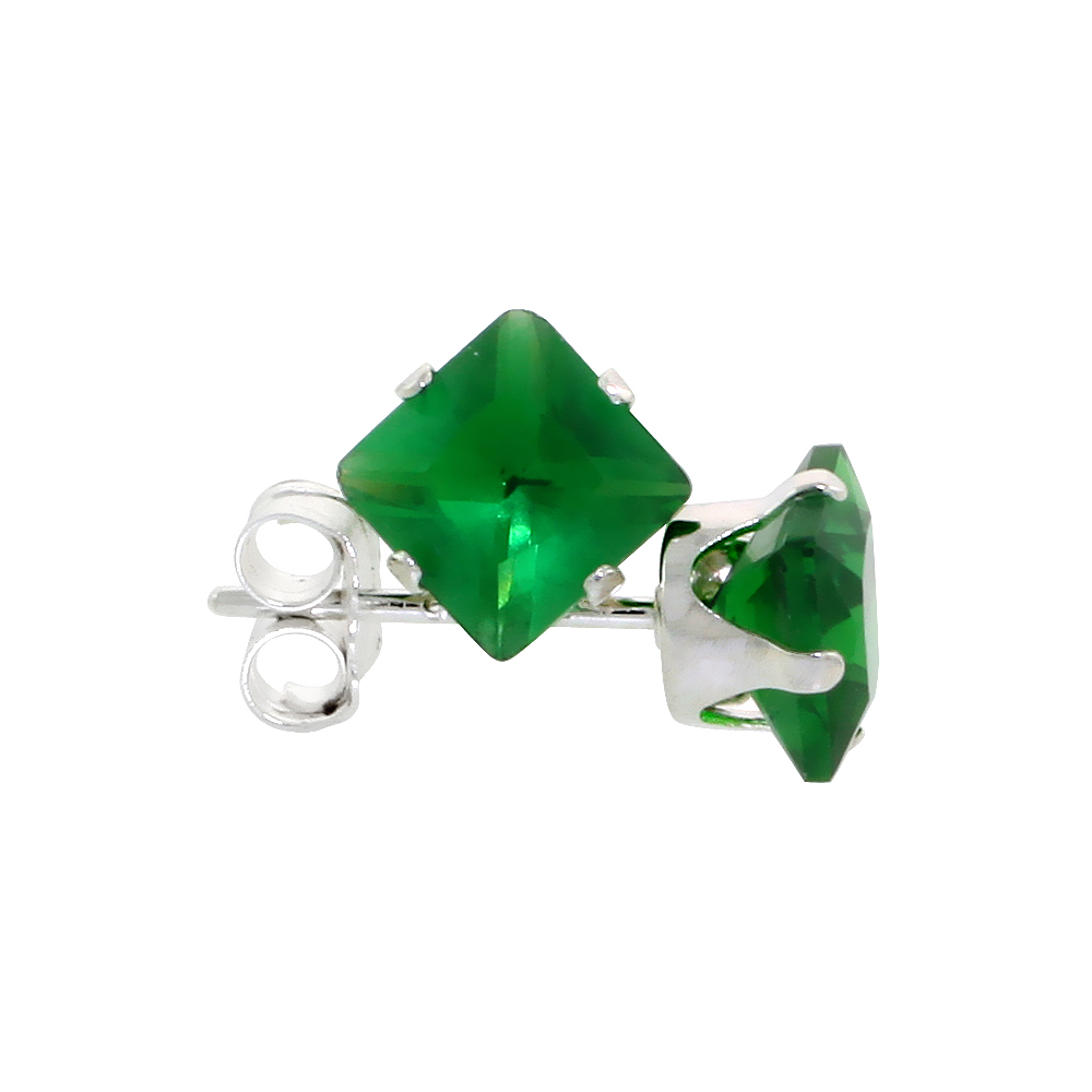 STERLING SILVER CUBIC ZIRCONIA SQUARE EMERALD EARRINGS STUDS 5 MM PRINCESS CUT GREEN COLOR 1.5 CARATS/PAIR
