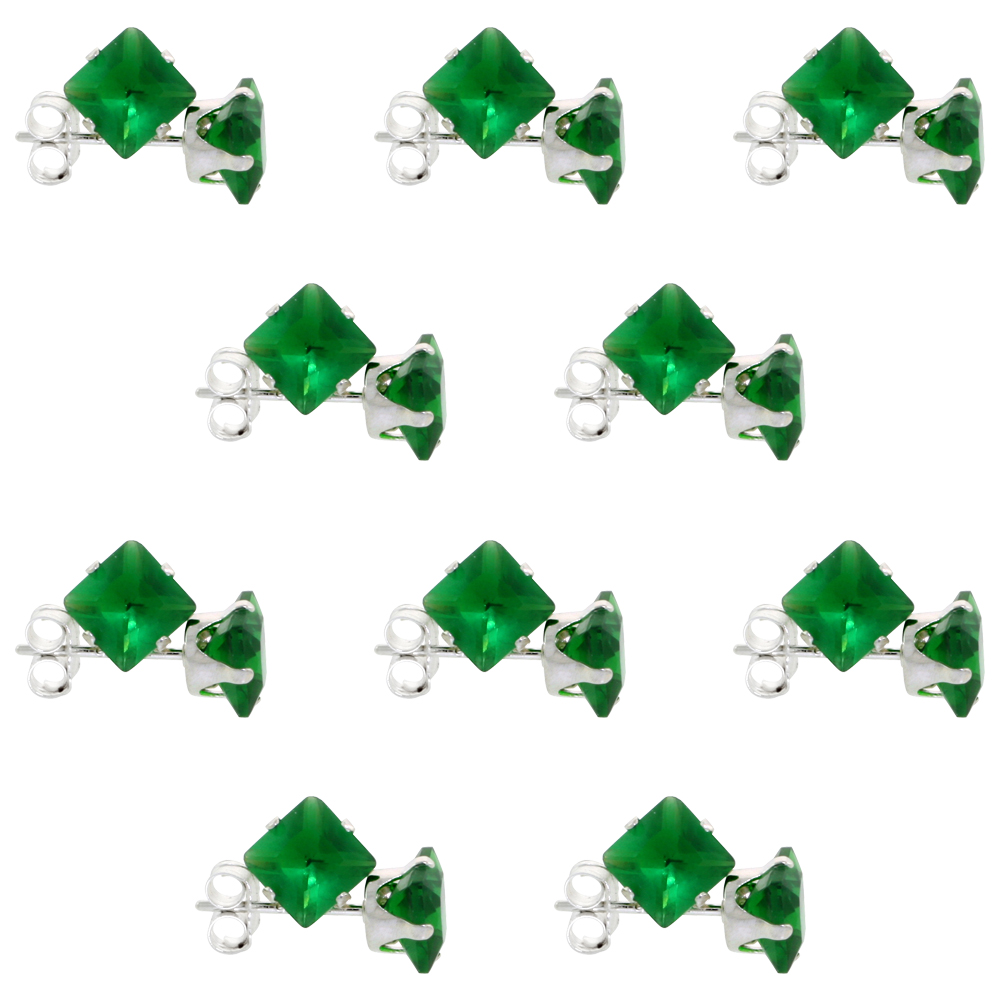 10 PAIR SET STERLING SILVER CUBIC ZIRCONIA SQUARE EMERALD EARRINGS STUDS 5 MM PRINCESS CUT GREEN COLOR 1.5 CARATS/PAIR