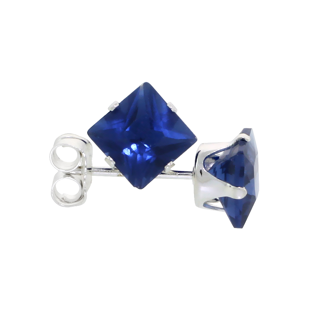 STERLING SILVER CUBIC ZIRCONIA SQUARE SAPPHIRE EARRINGS STUDS 5 MM PRINCESS CUT NAVY COLOR 1.5 CARATS/PAIR