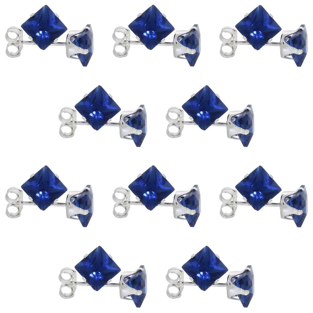 10 PAIR SET STERLING SILVER CUBIC ZIRCONIA SQUARE SAPPHIRE EARRINGS STUDS 5 MM PRINCESS CUT NAVY COLOR 1.5 CARATS/PAIR