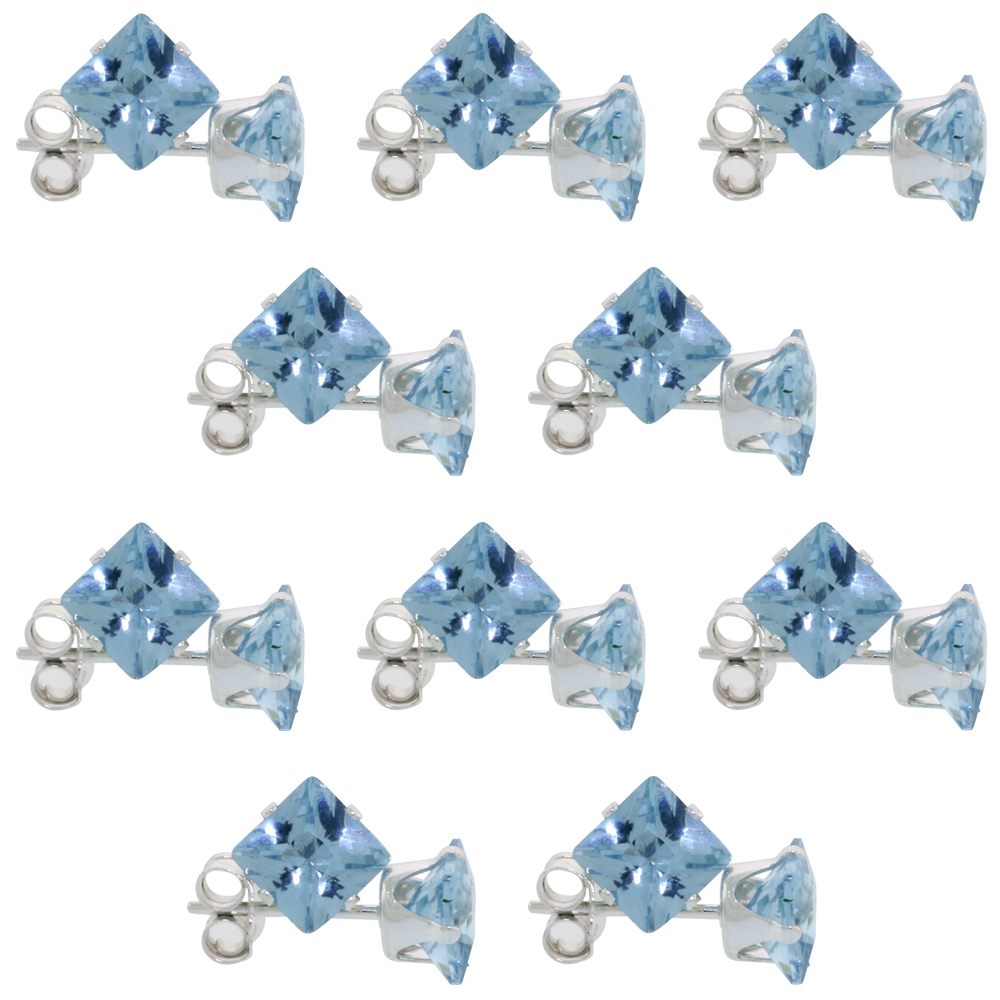 10 PAIR SET STERLING SILVER CUBIC ZIRCONIA SQUARE BLUE TOPAZ EARRINGS STUDS 5 MM PRINCESS CUT TOPAZ BLUE 1.5 CARATS/PAIR