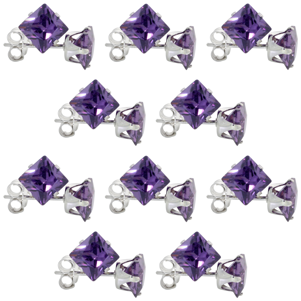 10 PAIR SET STERLING SILVER CUBIC ZIRCONIA SQUARE AMETHYST EARRINGS STUDS 5 MM PRINCESS CUT PURPLE COLOR 1.5 CARATS/PAIR