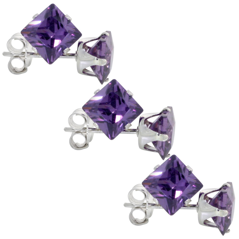 3 PAIR SET STERLING SILVER CUBIC ZIRCONIA SQUARE AMETHYST EARRINGS STUDS 5 MM PRINCESS CUT PURPLE COLOR 1.5 CARATS/PAIR