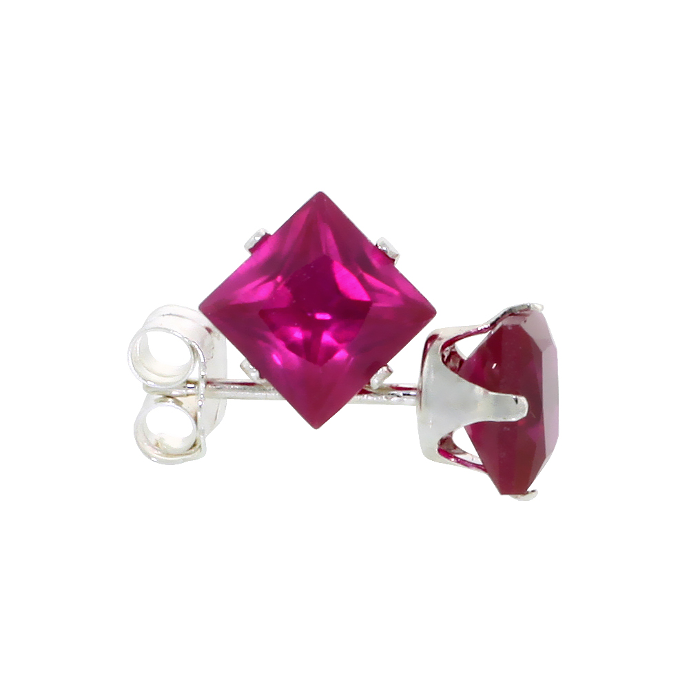 STERLING SILVER CUBIC ZIRCONIA SQUARE RUBY EARRINGS STUDS 5 MM PRINCESS CUT RED COLOR 1.5 CARATS/PAIR