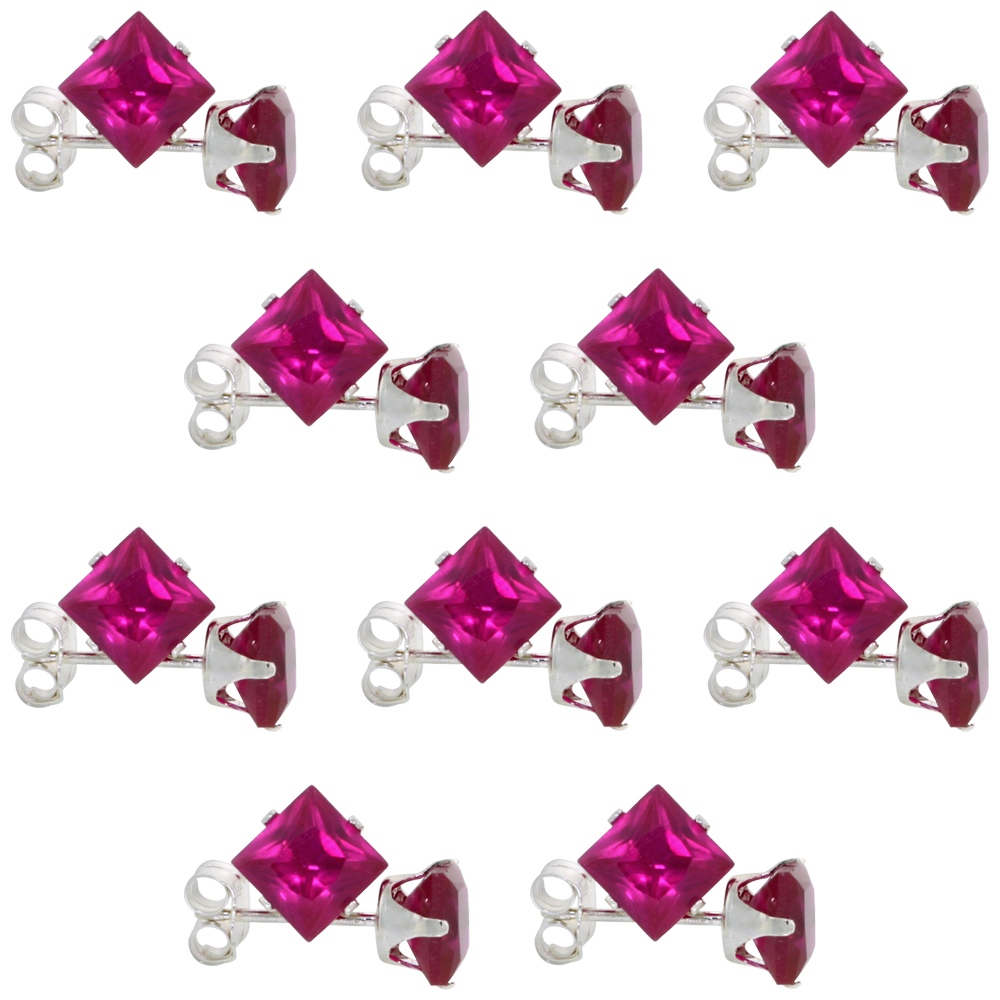 10 PAIR SET STERLING SILVER CUBIC ZIRCONIA SQUARE RUBY EARRINGS STUDS 5 MM PRINCESS CUT RED COLOR 1.5 CARATS/PAIR