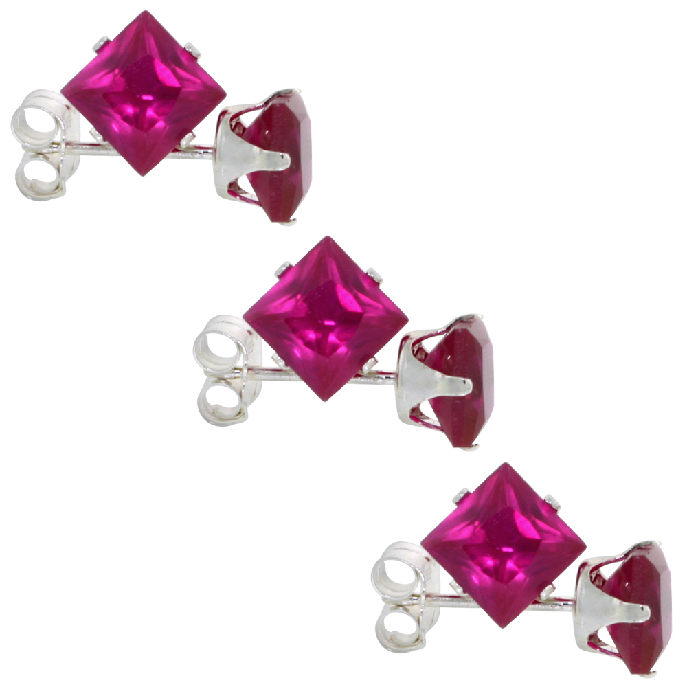 3 PAIR SET STERLING SILVER CUBIC ZIRCONIA SQUARE RUBY EARRINGS STUDS 5 MM PRINCESS CUT RED COLOR 1.5 CARATS/PAIR