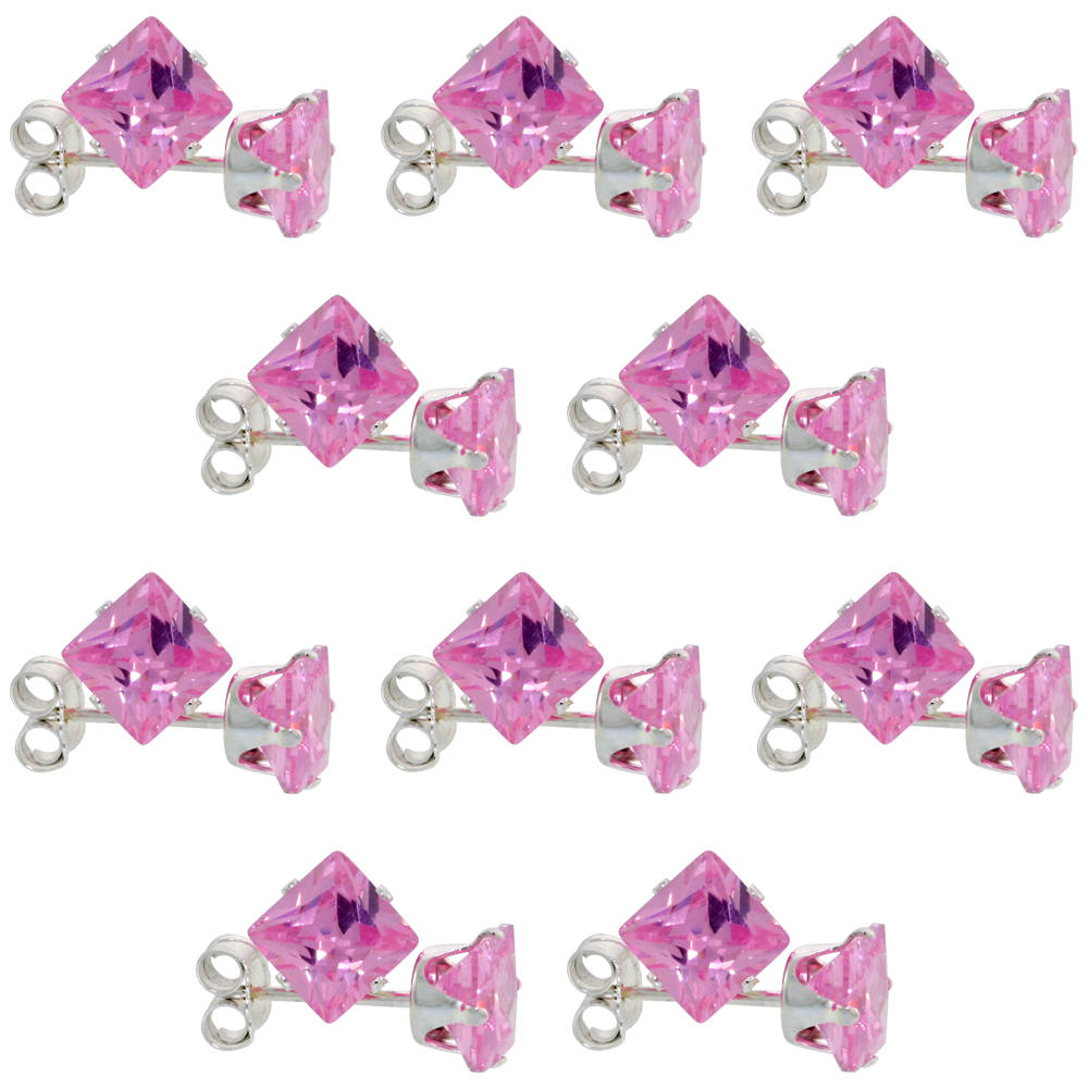 10 PAIR SET STERLING SILVER CUBIC ZIRCONIA SQUARE PINK EARRINGS STUDS 5 MM PRINCESS CUT 1.5 CARATS/PAIR