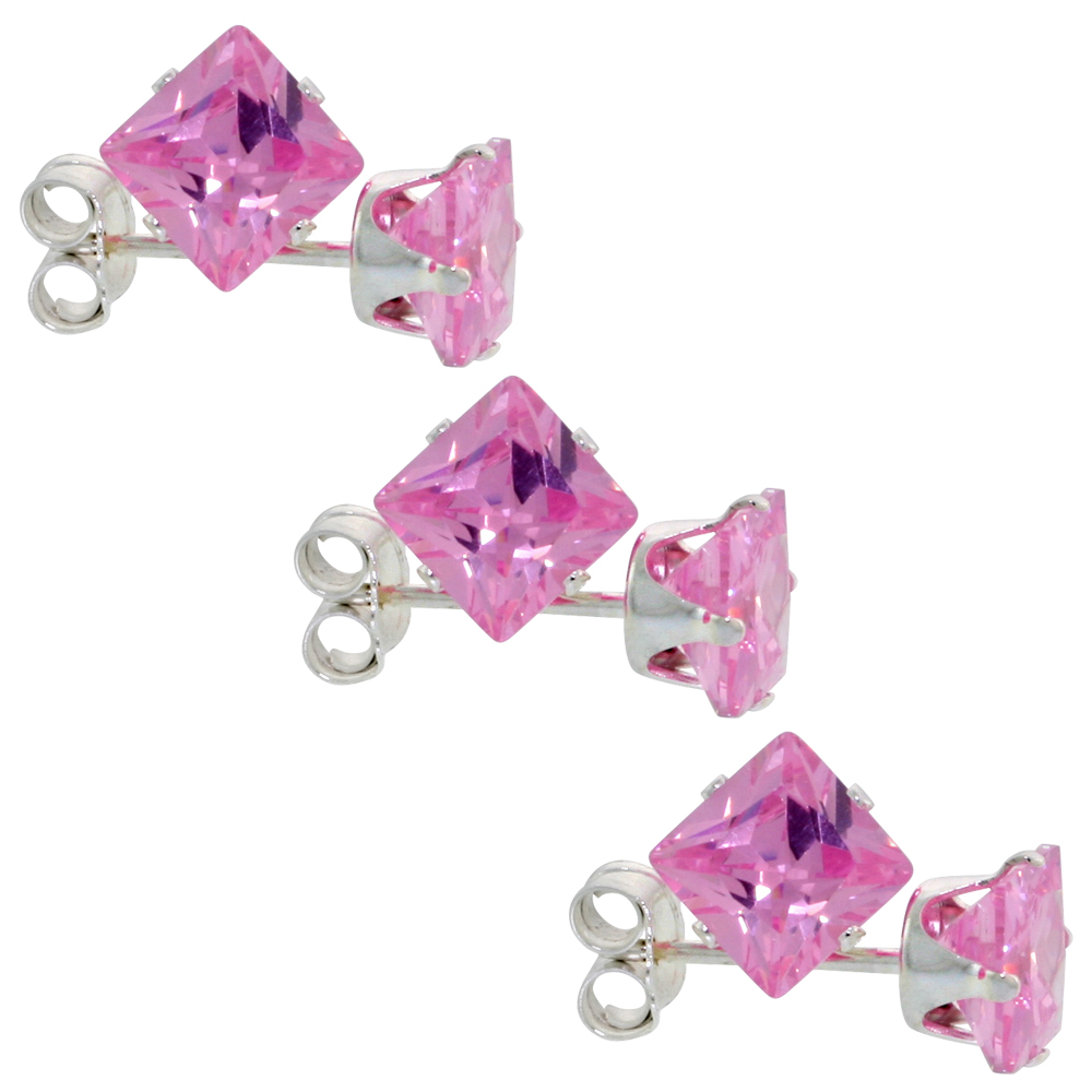 3 PAIR SET STERLING SILVER CUBIC ZIRCONIA SQUARE PINK EARRINGS STUDS 5 MM PRINCESS CUT 1.5 CARATS/PAIR