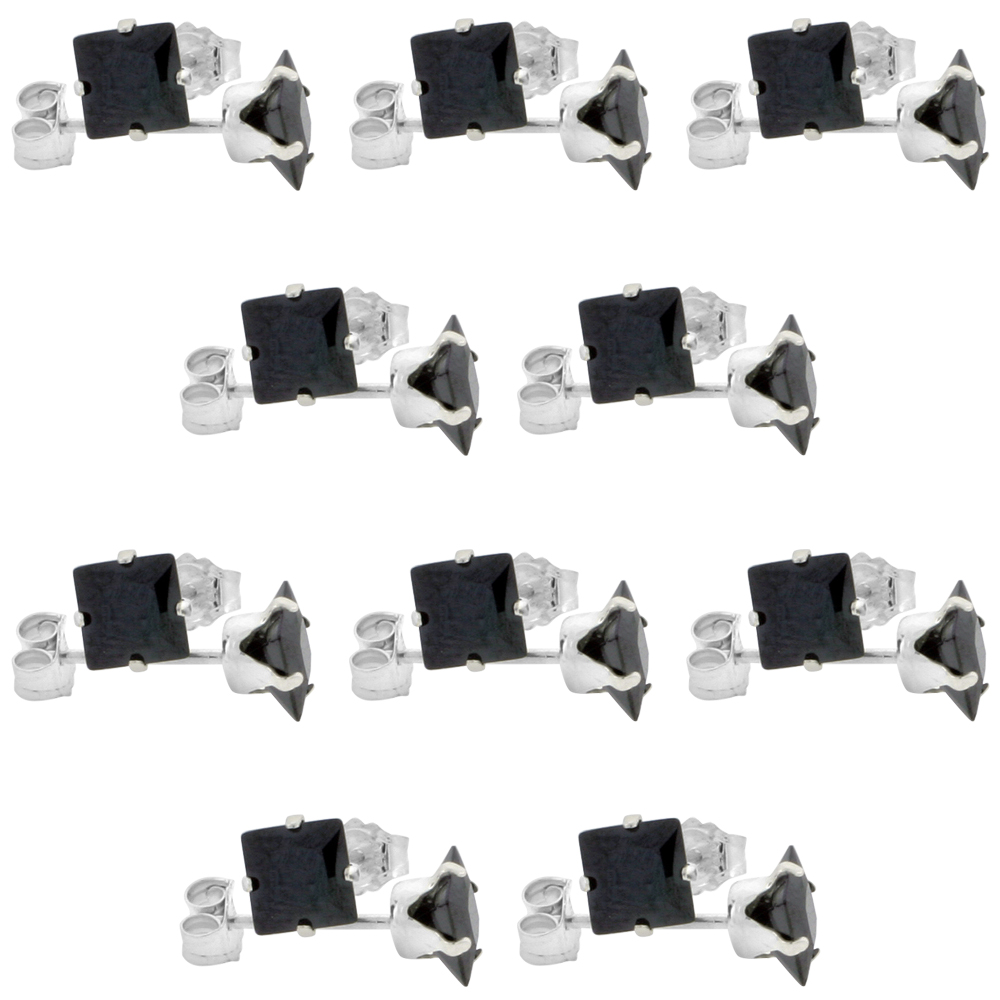 10 PAIR SET STERLING SILVER CUBIC ZIRCONIA SQUARE BLACK EARRINGS STUDS 5 MM PRINCESS CUT 1.5 CARATS/PAIR
