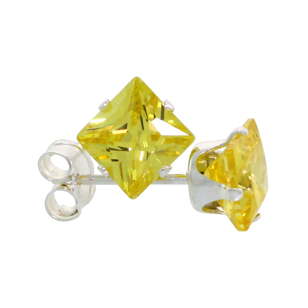 STERLING SILVER CUBIC ZIRCONIA SQUARE CITRINE EARRINGS STUDS 5 MM PRINCESS CUT YELLOW 1.5 CARATS/PAIR