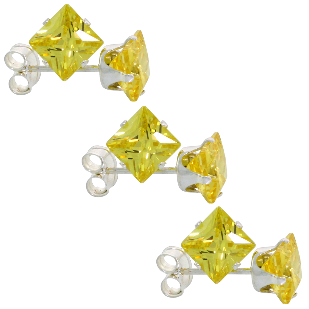 3 PAIR SET STERLING SILVER CUBIC ZIRCONIA SQUARE CITRINE EARRINGS STUDS 5 MM PRINCESS CUT YELLOW 1.5 CARATS/PAIR