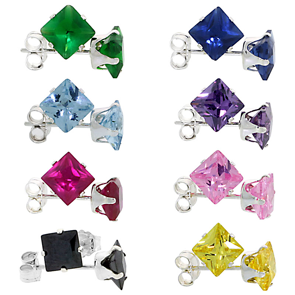 8 COLOR SET STERLING SILVER 5MM SQUARE CZ STUD EARRINGS PRINCESS CUT ASSORTED COLORS