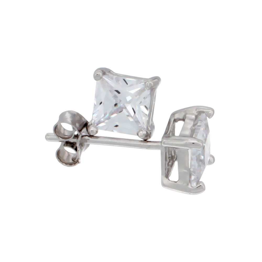 STERLING SILVER CUBIC ZIRCONIA SQUARE EARRINGS STUDS 5 MM PRINCESS CUT BASKET SETTING 1.5 CARAT/PAIR