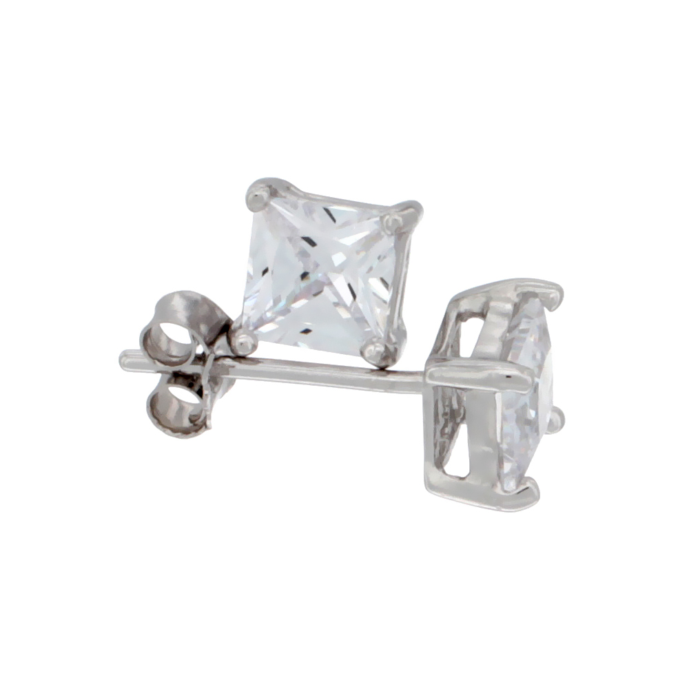 Sterling Silver Cubic Zirconia Square Earrings Studs 5 mm Princess cut Basket Setting 1.5 carat/pair
