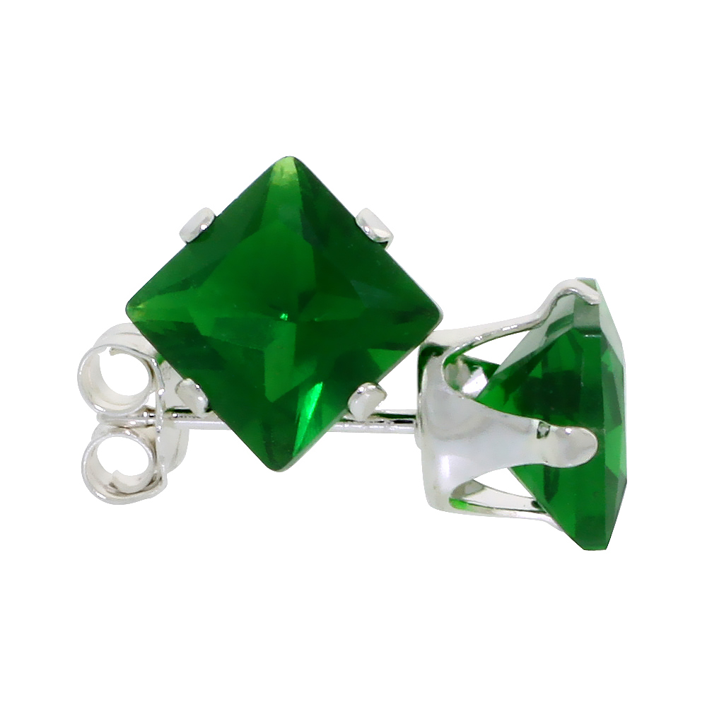 3 PAIR SET STERLING SILVER CUBIC ZIRCONIA SQUARE EMERALD EARRINGS STUDS 6 MM PRINCESS CUT GREEN COLOR 2.5 CARATS/PAIR