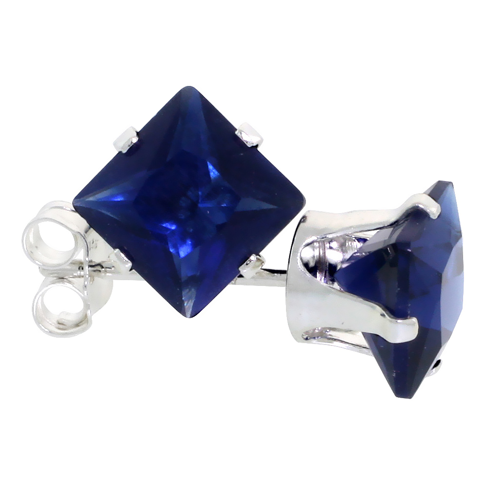STERLING SILVER CUBIC ZIRCONIA SQUARE SAPPHIRE EARRINGS STUDS 6 MM PRINCESS CUT NAVY COLOR 2.5 CARATS/PAIR