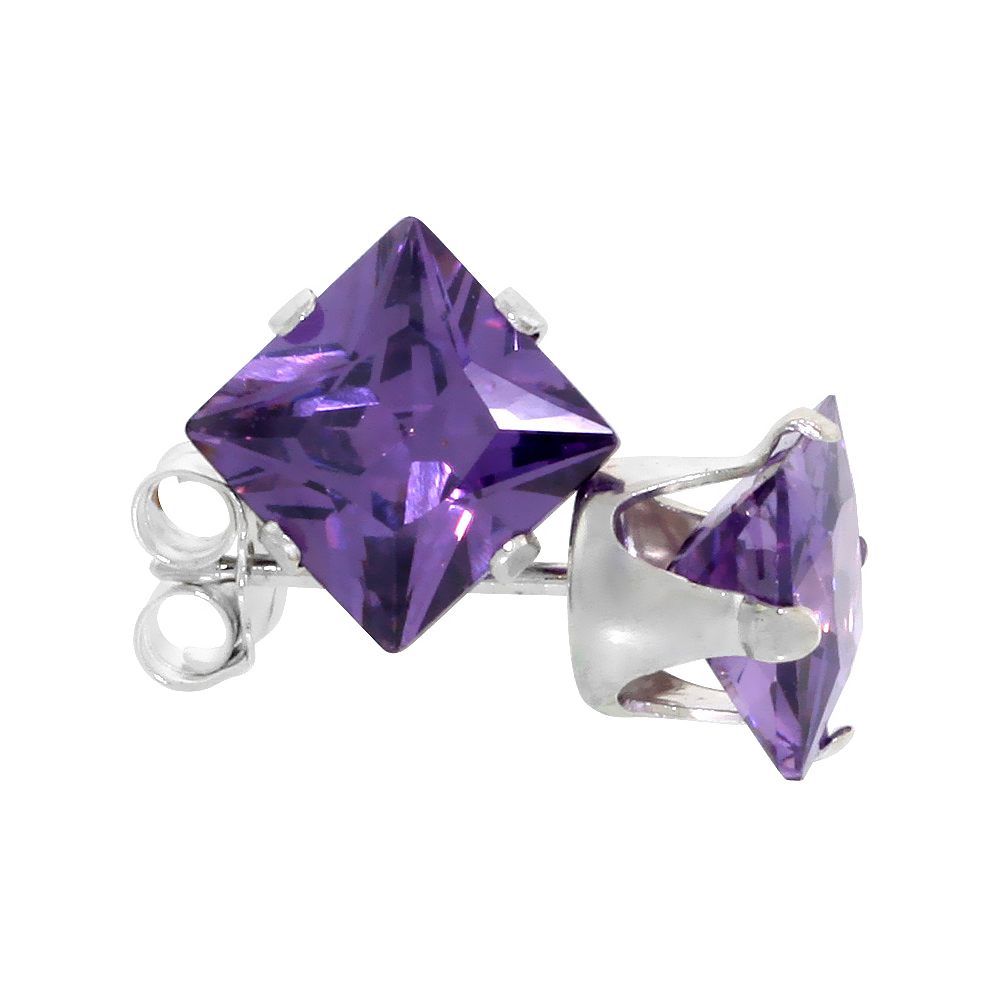 STERLING SILVER CUBIC ZIRCONIA SQUARE AMETHYST EARRINGS STUDS 6 MM PRINCESS CUT PURPLE COLOR 2.5 CARATS/PAIR